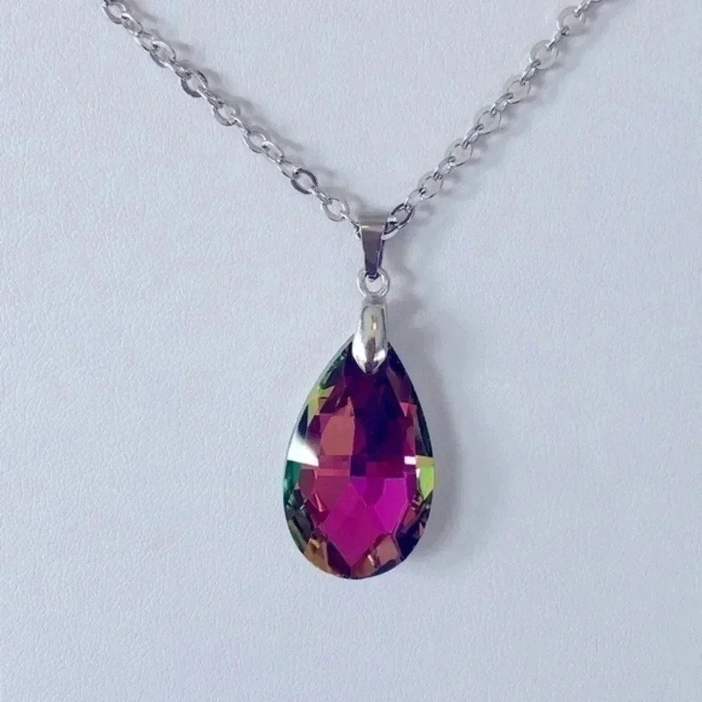 Aurora Crystal Teardrop Stainless Steel Necklace NWT